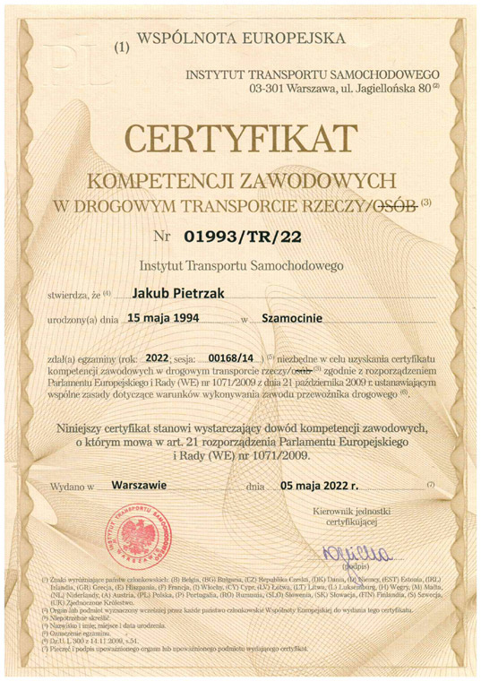 Certyfikat kompetencji zawodowych w transporcie drogowym rzeczy Jakub Pietrzak